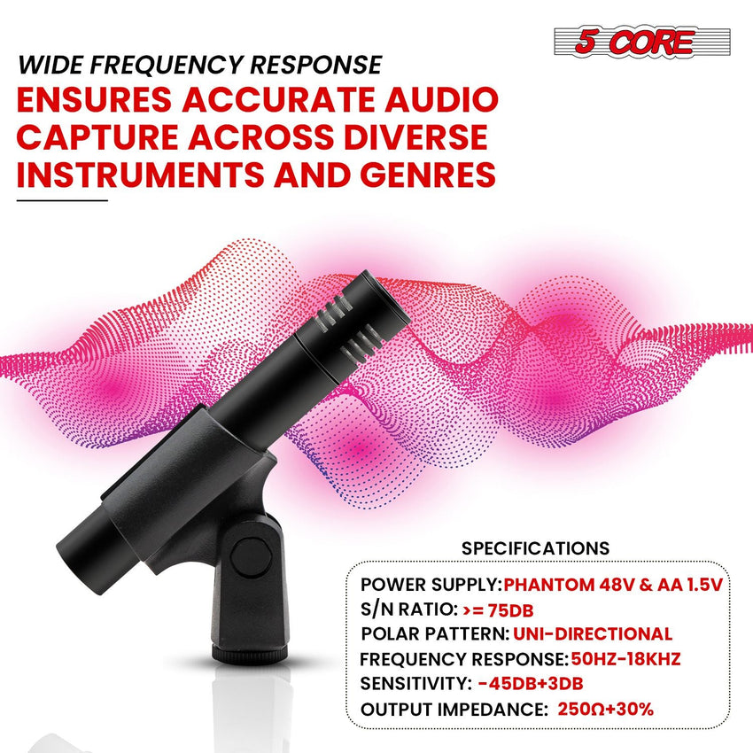 5 CORE Professional Instrument Microphone Pencil Mic Condenser Cardioid Unidirectional Stick Microfono with Windscreen Mic Clip & Case - INSTRU MIC 300 BLK - 7DAY'S