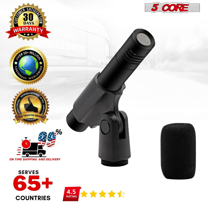 5 CORE Professional Instrument Microphone Pencil Mic Condenser Cardioid Unidirectional Stick Microfono with Windscreen Mic Clip & Case - INSTRU MIC 300 BLK - 7DAY'S