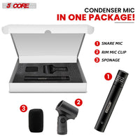 5 CORE Professional Instrument Microphone Pencil Mic Condenser Cardioid Unidirectional Stick Microfono with Windscreen Mic Clip & Case - INSTRU MIC 300 BLK - 7DAY'S