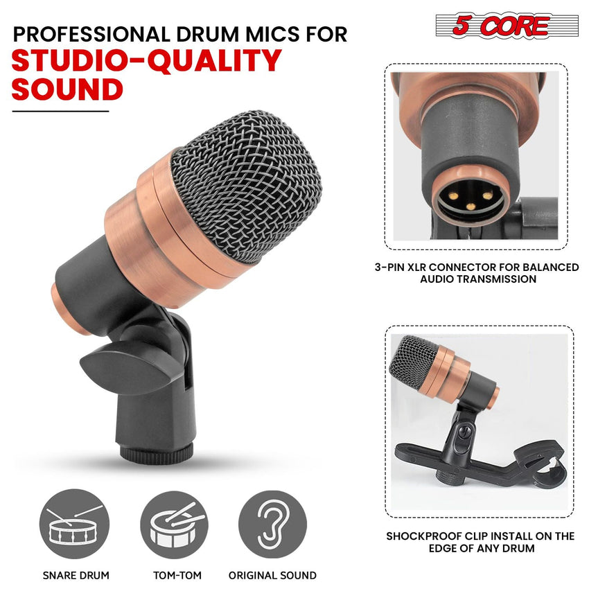 5 CORE Snare Microphone Copper Finish XLR Wired Cardioid Uni Directional Tom Kick Drum Mic w Swivel Mount Steel Mesh Grille Rim Mount - SNARE XP COPPERX - 7DAY'S