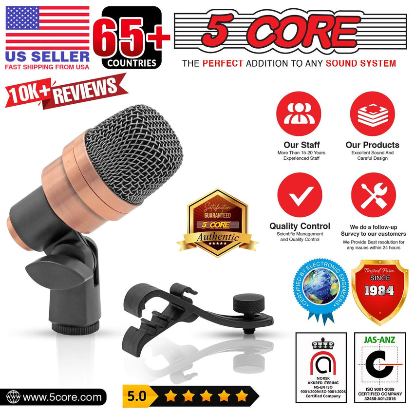 5 CORE Snare Microphone Copper Finish XLR Wired Cardioid Uni Directional Tom Kick Drum Mic w Swivel Mount Steel Mesh Grille Rim Mount - SNARE XP COPPERX - 7DAY'S