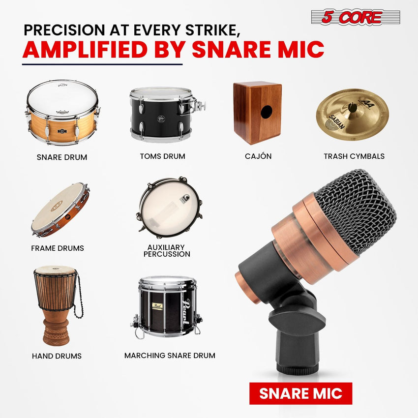 5 CORE Snare Microphone Copper Finish XLR Wired Cardioid Uni Directional Tom Kick Drum Mic w Swivel Mount Steel Mesh Grille Rim Mount - SNARE XP COPPERX - 7DAY'S