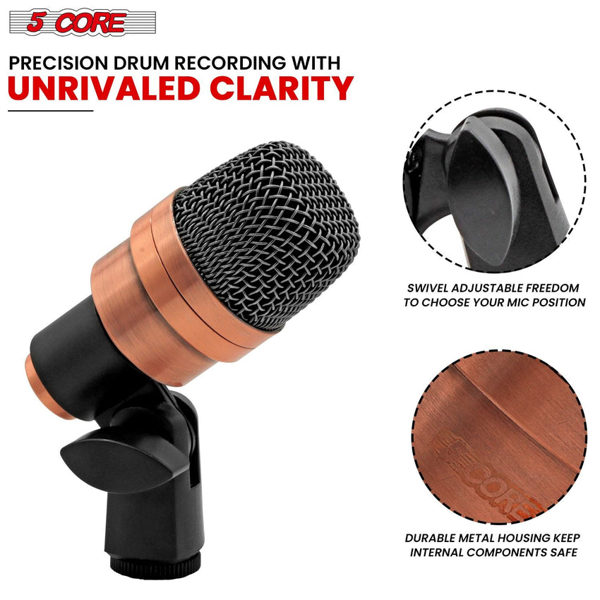 5 CORE Snare Microphone Copper Finish XLR Wired Cardioid Uni Directional Tom Kick Drum Mic w Swivel Mount Steel Mesh Grille Rim Mount - SNARE XP COPPERX - 7DAY'S