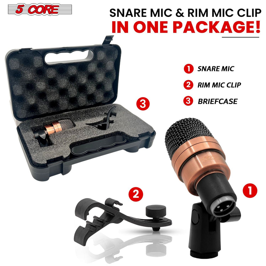 5 CORE Snare Microphone Copper Finish XLR Wired Cardioid Uni Directional Tom Kick Drum Mic w Swivel Mount Steel Mesh Grille Rim Mount - SNARE XP COPPERX - 7DAY'S