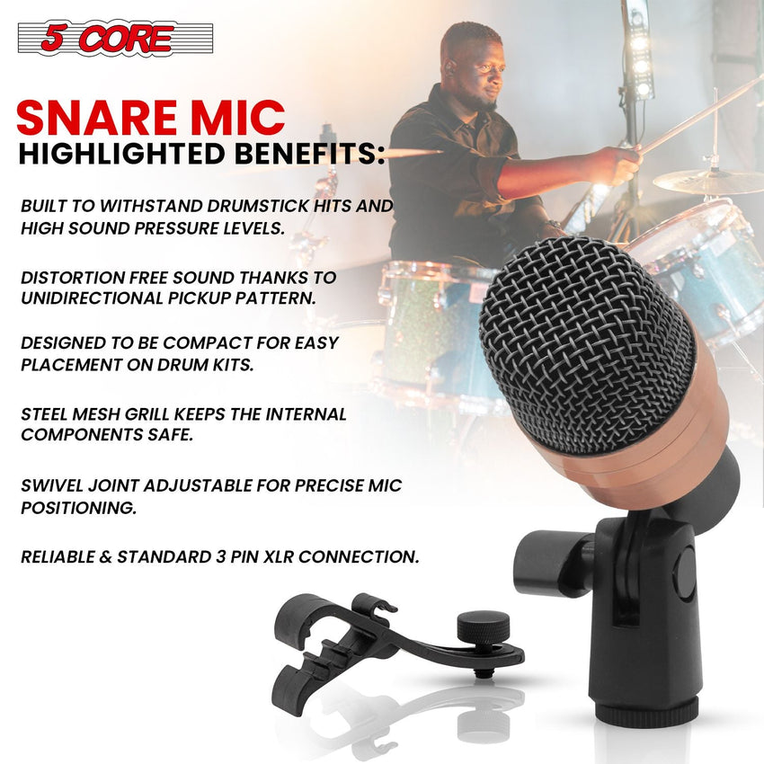 5 CORE Snare Microphone Copper Finish XLR Wired Cardioid Uni Directional Tom Kick Drum Mic w Swivel Mount Steel Mesh Grille Rim Mount - SNARE XP COPPERX - 7DAY'S