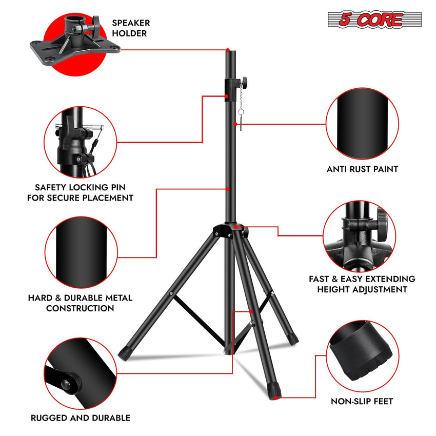 5 Core Speaker Stand 2Pcs Tripod Floor Tall Adjustable Up to 72 Inch DJ Studio Monitor Stands Pole Mount - 7DAY'S