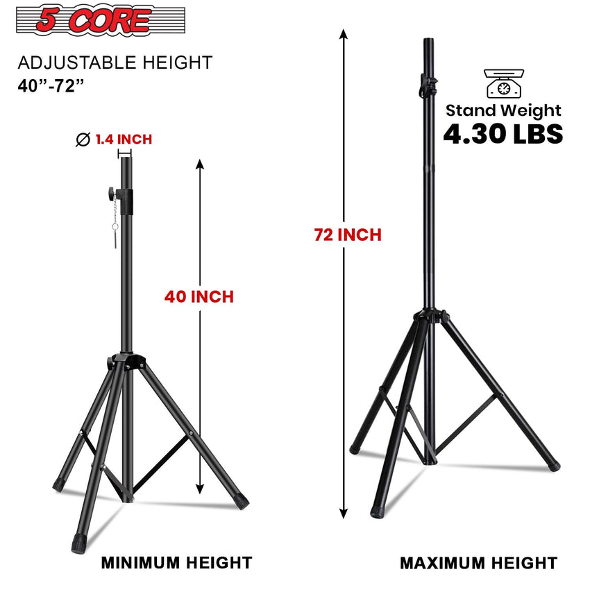 5 Core Speaker Stand 2Pcs Tripod Floor Tall Adjustable Up to 72 Inch DJ Studio Monitor Stands Pole Mount - 7DAY'S