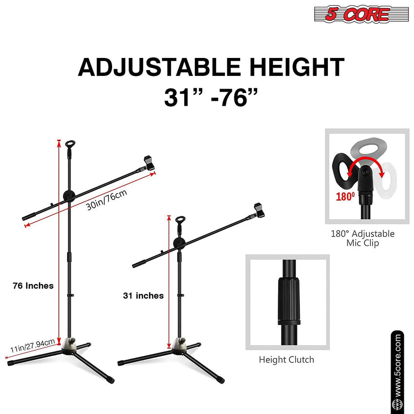 5 Core Tripod Mic Stand Floor Adjustable 31 to 76 Inches Boom Arm Holder Microphone Stands 360 Degree Rotating + Dual Mic - MS DBL - 7DAY'S