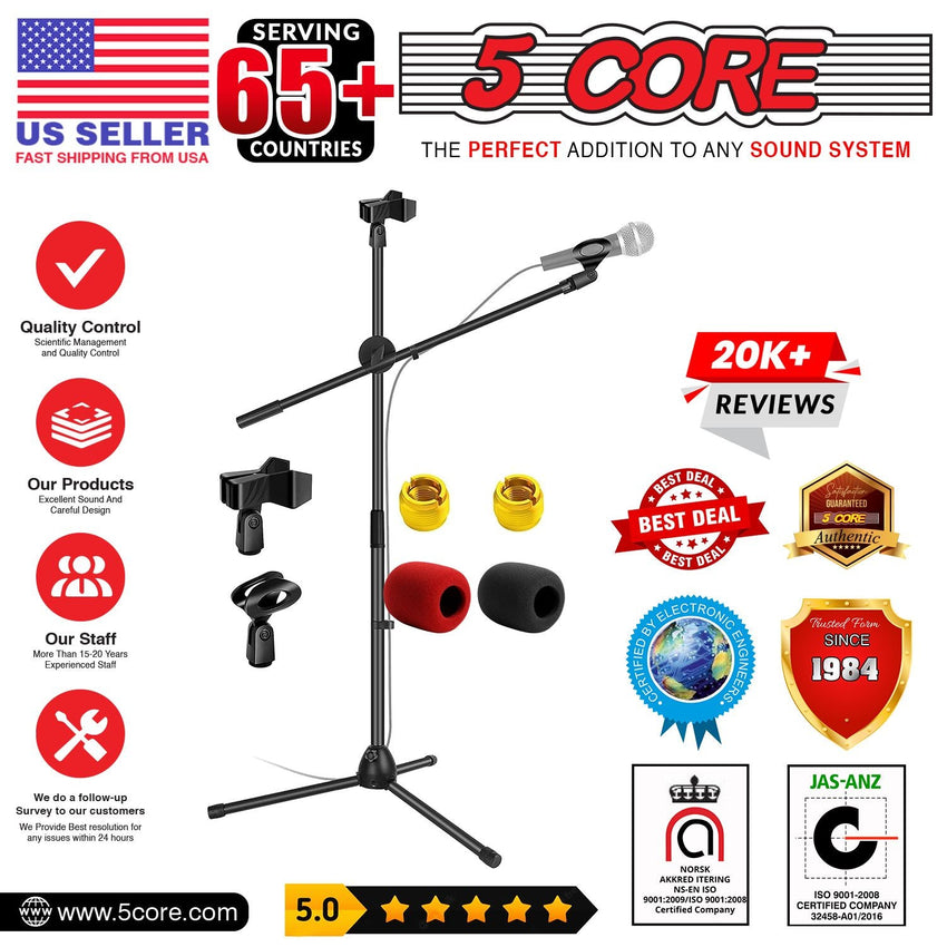 5 Core Tripod Mic Stand Floor Adjustable 31 to 76 Inches Boom Arm Holder Microphone Stands 360 Degree Rotating + Dual Mic - MS DBL - 7DAY'S