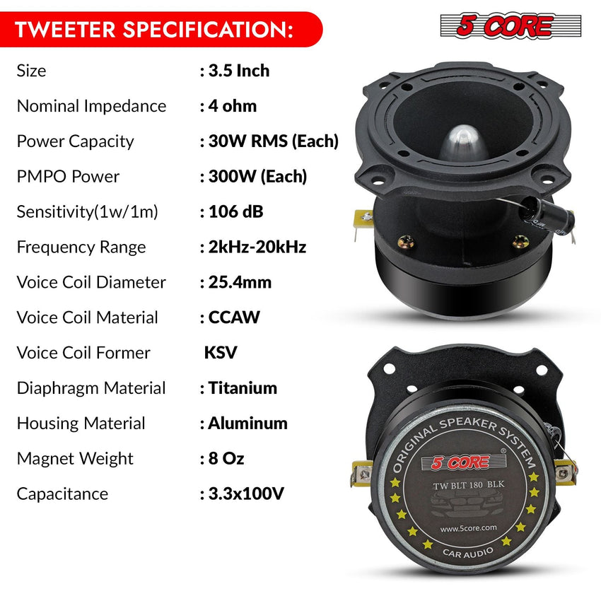 5 Core Tweeters Speakers Car Audio Pair 600W Combined Peak 4 Ohm 3.5 Inch Aluminum Super Bullet Tuiters Para Sonido Para Carro - TW BLT 180 BLK PAIR - 7DAY'S