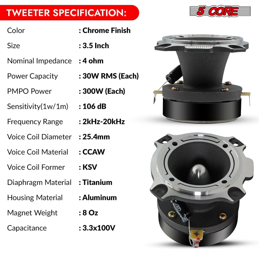 5 Core Tweeters Speakers Car Audio Pair 600W Combined Peak 4 Ohm 3.5 Inch Aluminum Super Bullet Tuiters Para Sonido Para Carro - TW BLT 180 CH PAIR - 7DAY'S