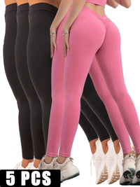 5 Pack Women's Solid Color Hip - raising High - waisted V - back Waist Seamed Yoga Fitness Tights, Women - Butt Lift High Waisted Tummy Control Yoga Pants - Workout Running Leggings - 7DAY'S