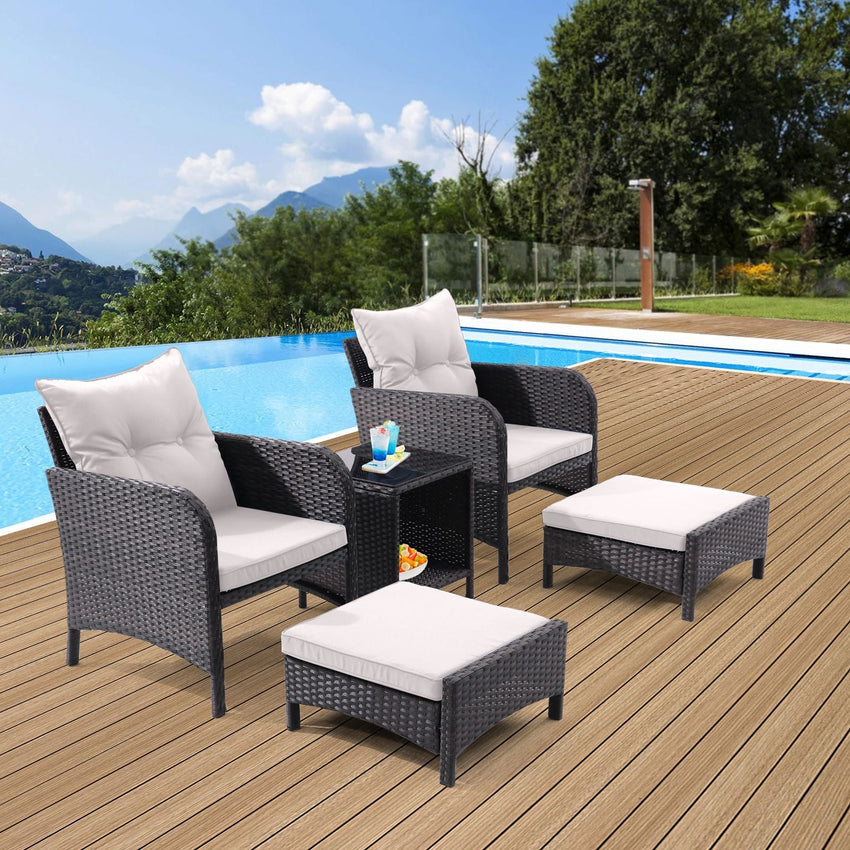 5 Piece Outdoor Patio Furniture Set,All Weather PE Rattan Conversation Chairs with Armrest and Removable Cushions,Ottomans and Storage Coffee Table for Poolside Garden Balcony Deck - 7DAY'S
