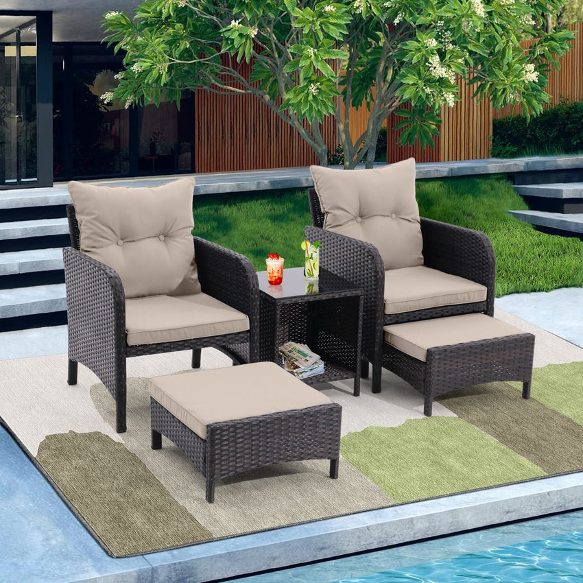 5 Piece Outdoor Patio Furniture Set,All Weather PE Rattan Conversation Chairs with Armrest and Removable Cushions,Ottomans and Storage Coffee Table for Poolside Garden Balcony Deck - 7DAY'S