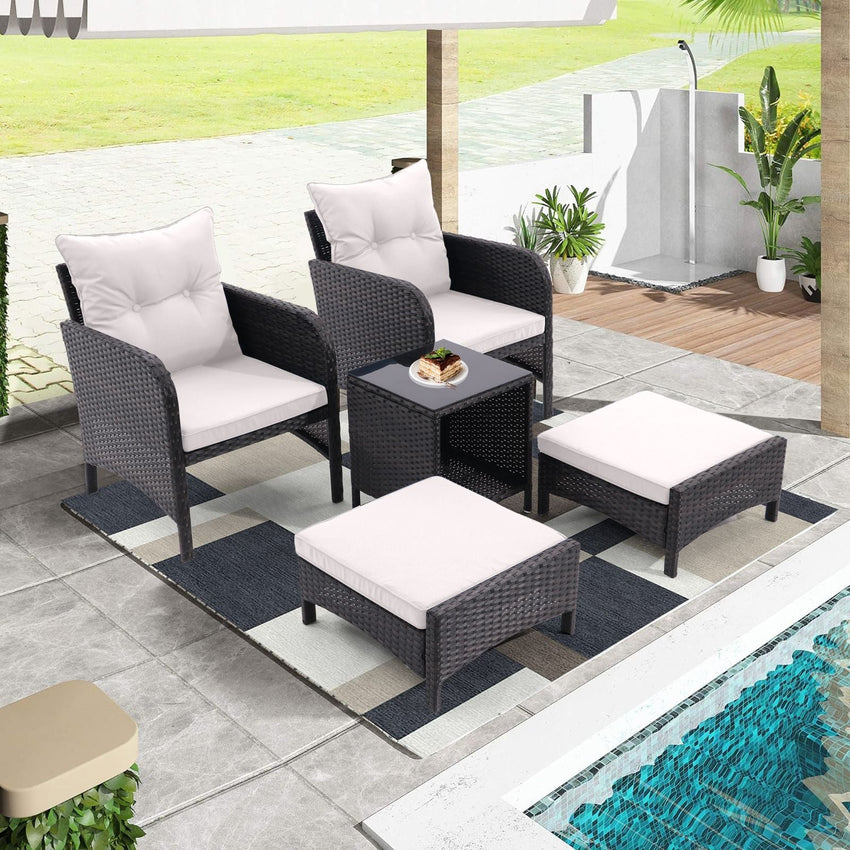 5 Piece Outdoor Patio Furniture Set,All Weather PE Rattan Conversation Chairs with Armrest and Removable Cushions,Ottomans and Storage Coffee Table for Poolside Garden Balcony Deck - 7DAY'S