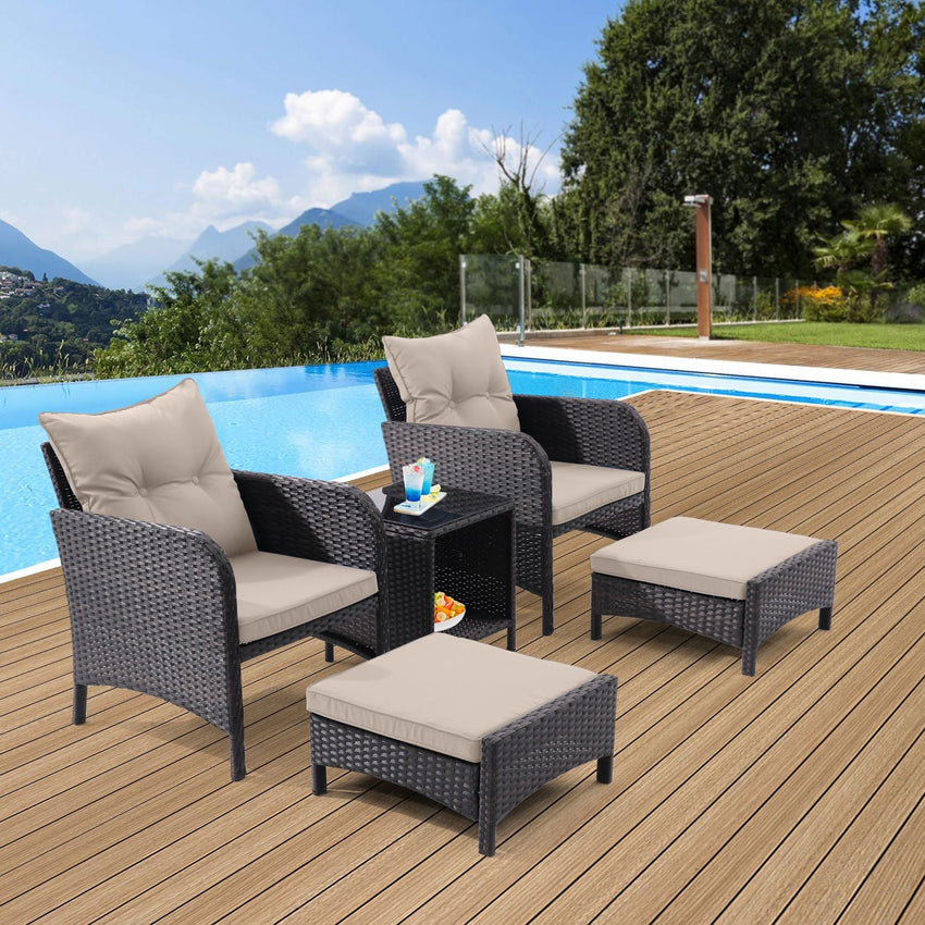 5 Piece Outdoor Patio Furniture Set,All Weather PE Rattan Conversation Chairs with Armrest and Removable Cushions,Ottomans and Storage Coffee Table for Poolside Garden Balcony Deck - 7DAY'S
