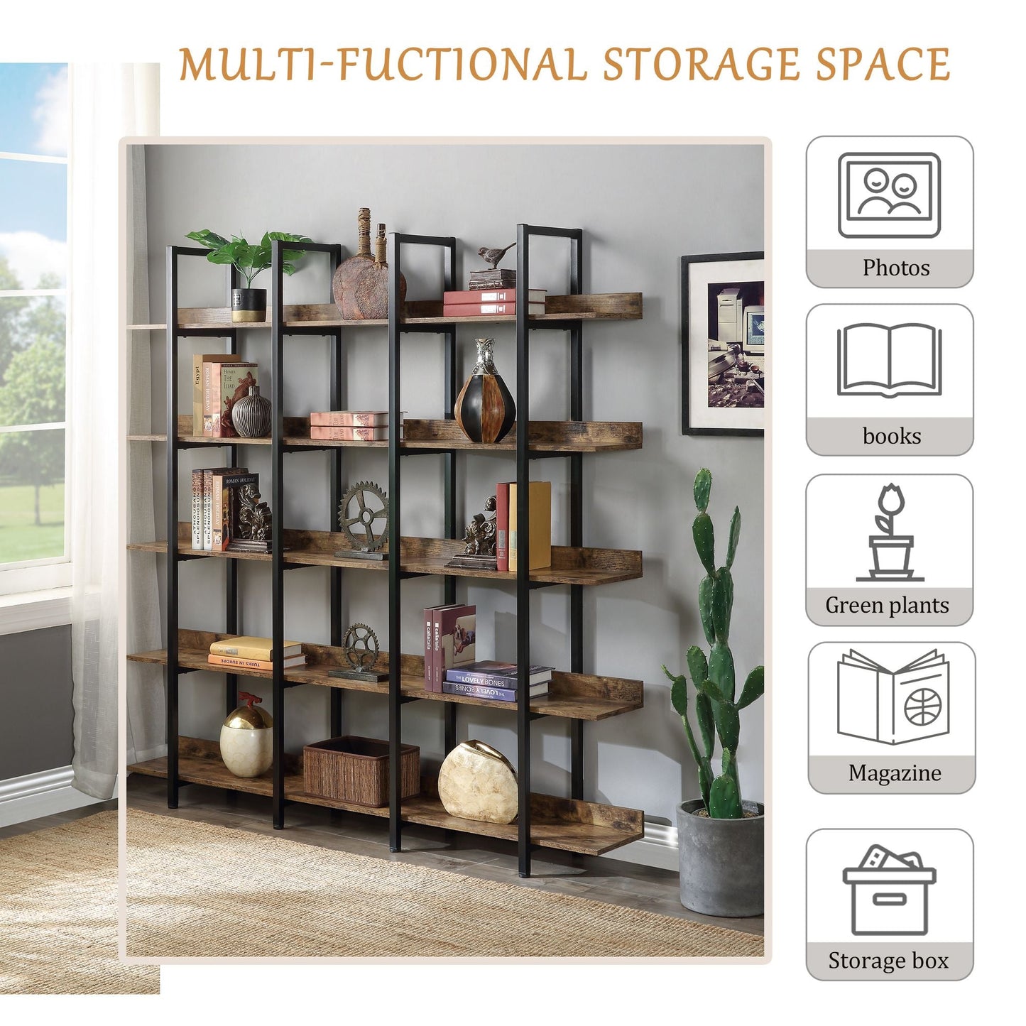 5 Tier Bookcase Home Office Open Bookshelf, Vintage Industrial Style Shelf with Metal Frame, MDF Board - 7DAY'S