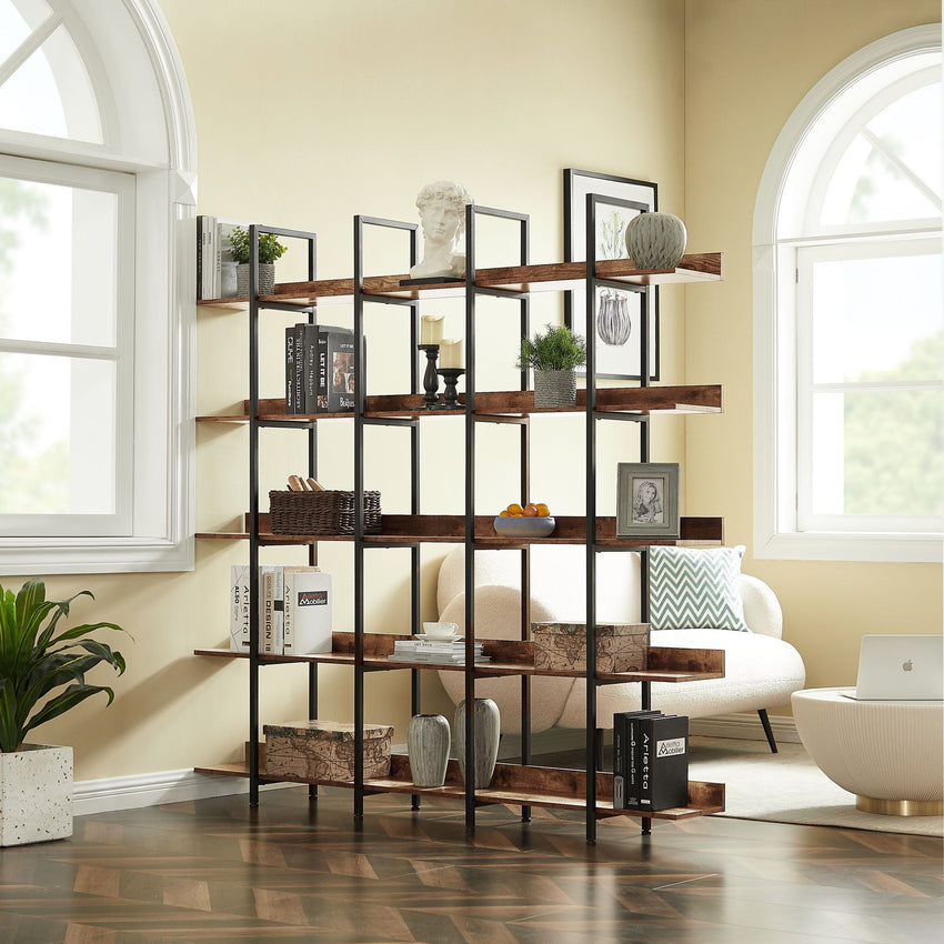 5 Tier Bookcase Home Office Open Bookshelf, Vintage Industrial Style Shelf with Metal Frame, MDF Board - 7DAY'S