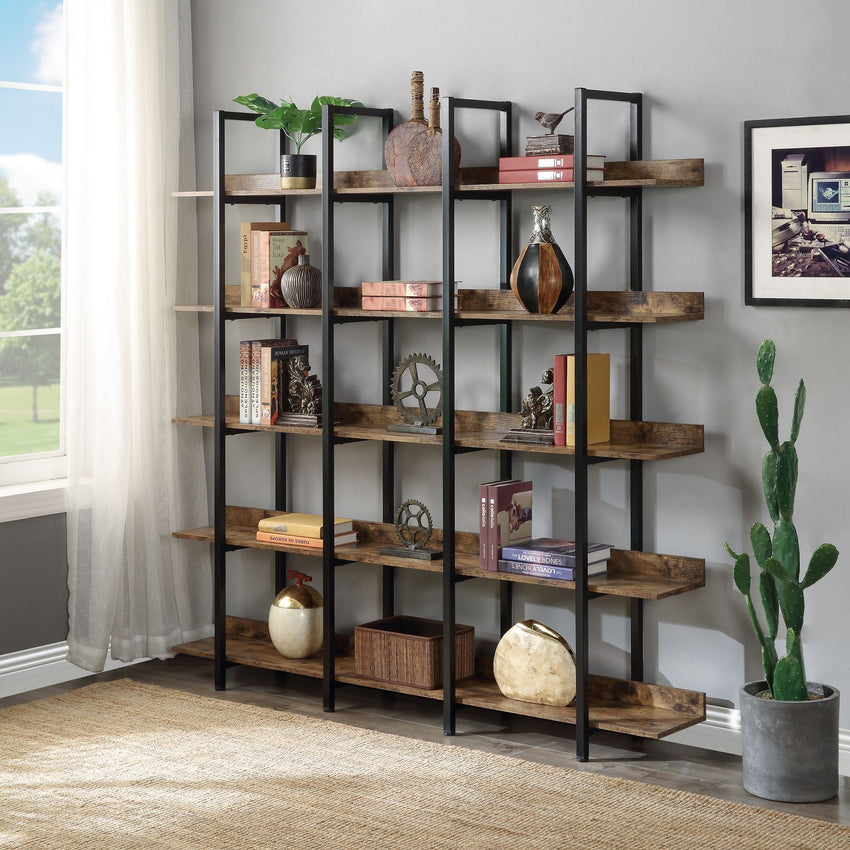 5 Tier Bookcase Home Office Open Bookshelf, Vintage Industrial Style Shelf with Metal Frame, MDF Board - 7DAY'S