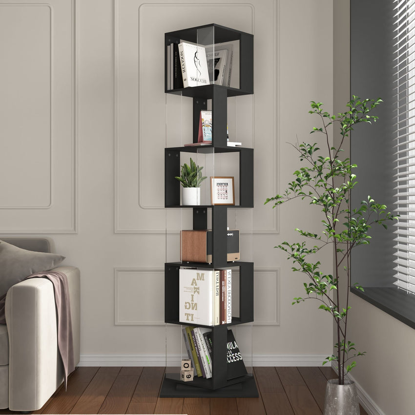 5 tier Rotating Bookshelf, Floor Rack Simple Bookcase with Acrylic plate Student Multi - Function Creative Bookshelf for Living Room with anti - toppling base - 7DAY'S