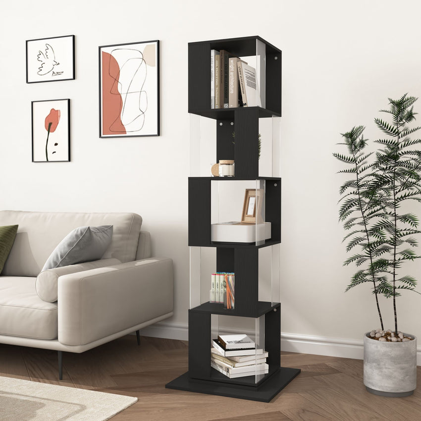 5 tier Rotating Bookshelf, Floor Rack Simple Bookcase with Acrylic plate Student Multi - Function Creative Bookshelf for Living Room with anti - toppling base - 7DAY'S