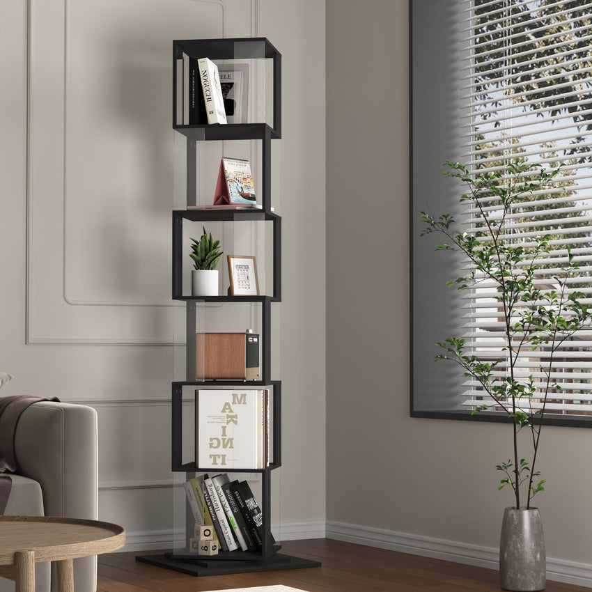 5 tier Rotating Bookshelf, Floor Rack Simple Bookcase with Acrylic plate Student Multi - Function Creative Bookshelf for Living Room with anti - toppling base - 7DAY'S