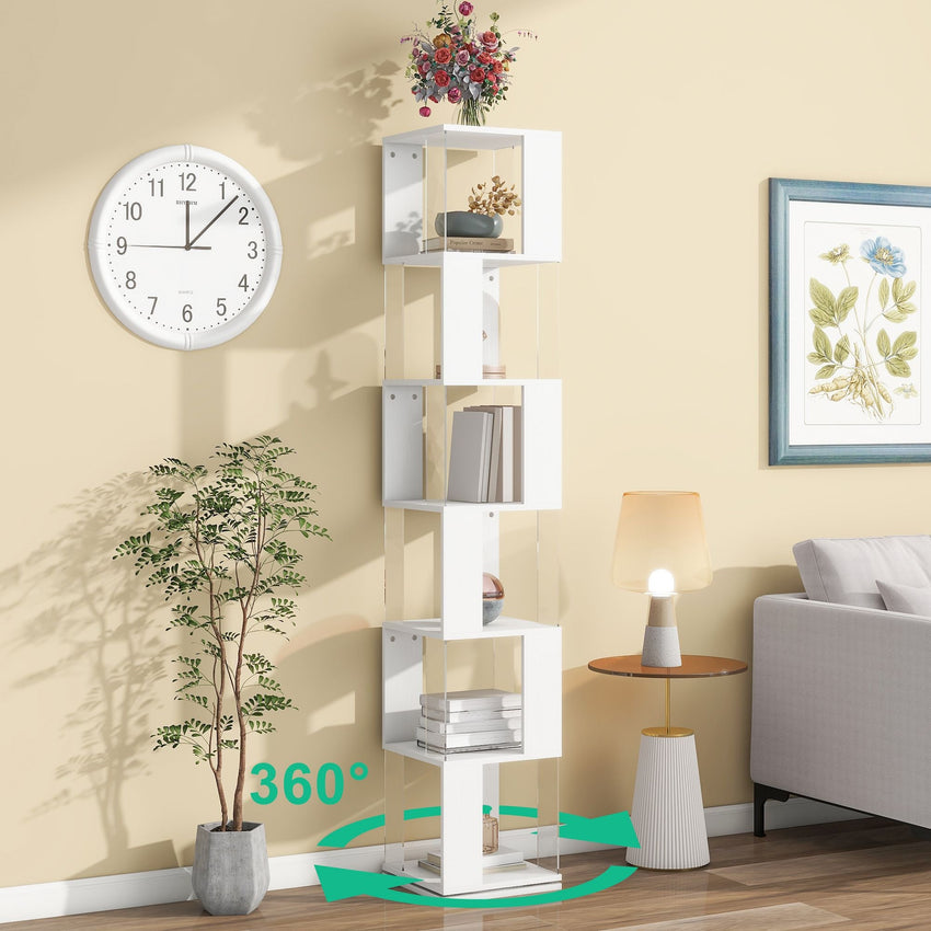 5 tier Rotating Bookshelf, Floor Rack Simple Bookcase with Acrylic plate Student Multi - Function Creative Bookshelf for Living Room with anti - toppling base - 7DAY'S