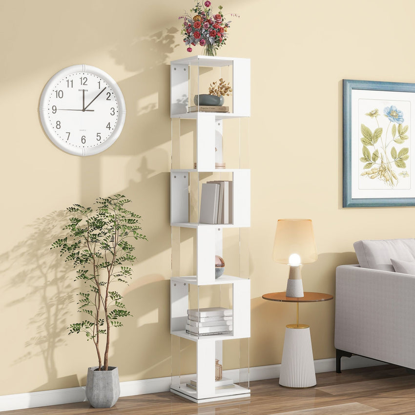 5 tier Rotating Bookshelf, Floor Rack Simple Bookcase with Acrylic plate Student Multi - Function Creative Bookshelf for Living Room with anti - toppling base - 7DAY'S