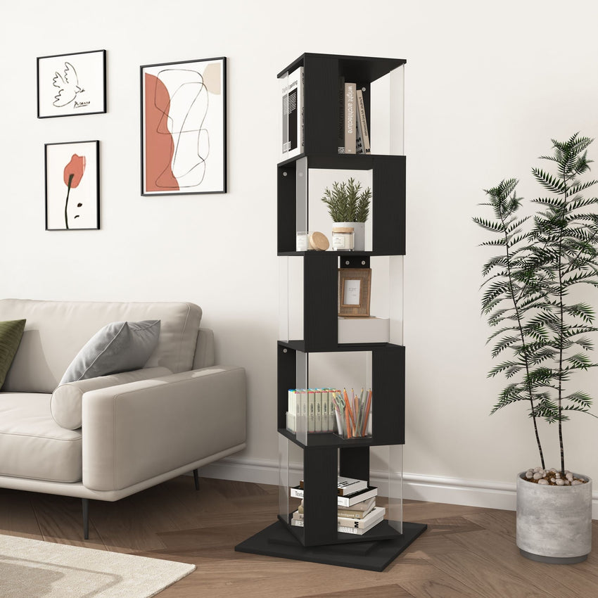 5 tier Rotating Bookshelf, Floor Rack Simple Bookcase with Acrylic plate Student Multi - Function Creative Bookshelf for Living Room with anti - toppling base - 7DAY'S
