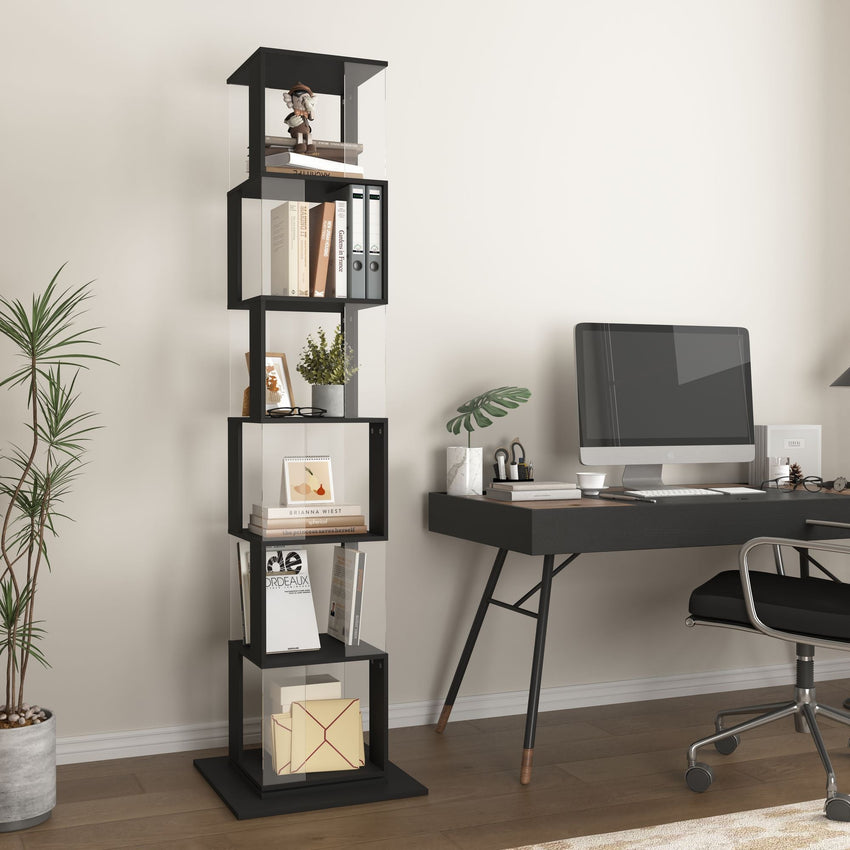 5 tier Rotating Bookshelf, Floor Rack Simple Bookcase with Acrylic plate Student Multi - Function Creative Bookshelf for Living Room with anti - toppling base - 7DAY'S
