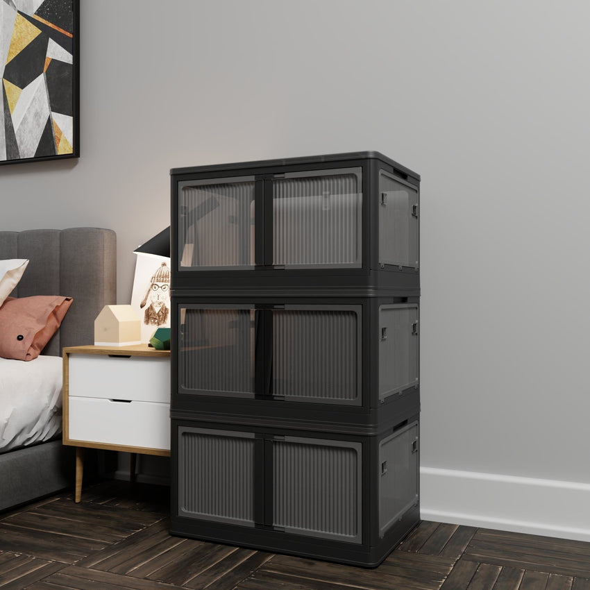 506QT 4 - Pack Transparent Stackable Storage Bins with 5 Doors to Open with Wheels, Folding Plastic Craft Containers Large Closet Organizers Box for Bedrooms Living Rooms Study Kids' Toys, Black - 7DAY'S