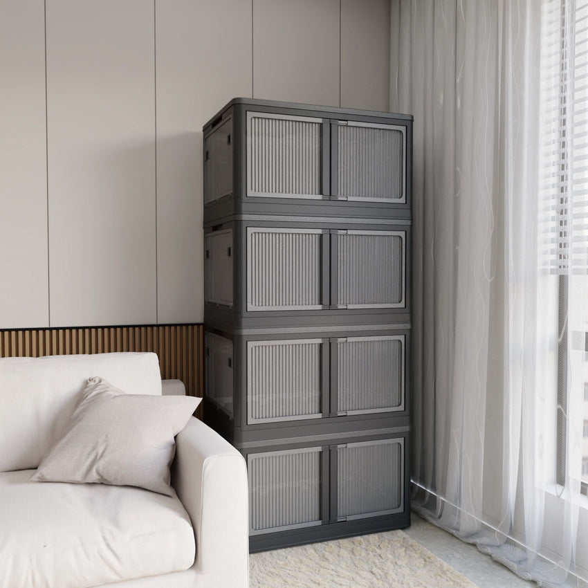 506QT 4 - Pack Transparent Stackable Storage Bins with 5 Doors to Open with Wheels, Folding Plastic Craft Containers Large Closet Organizers Box for Bedrooms Living Rooms Study Kids' Toys, Black - 7DAY'S