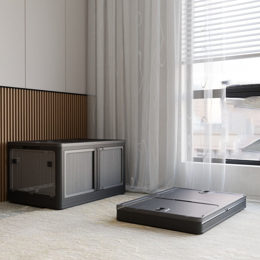 506QT 4 - Pack Transparent Stackable Storage Bins with 5 Doors to Open with Wheels, Folding Plastic Craft Containers Large Closet Organizers Box for Bedrooms Living Rooms Study Kids' Toys, Black - 7DAY'S