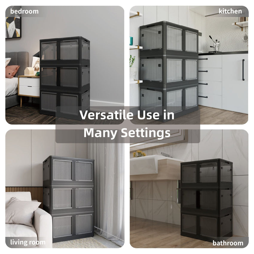 506QT 4 - Pack Transparent Stackable Storage Bins with 5 Doors to Open with Wheels, Folding Plastic Craft Containers Large Closet Organizers Box for Bedrooms Living Rooms Study Kids' Toys, Black - 7DAY'S