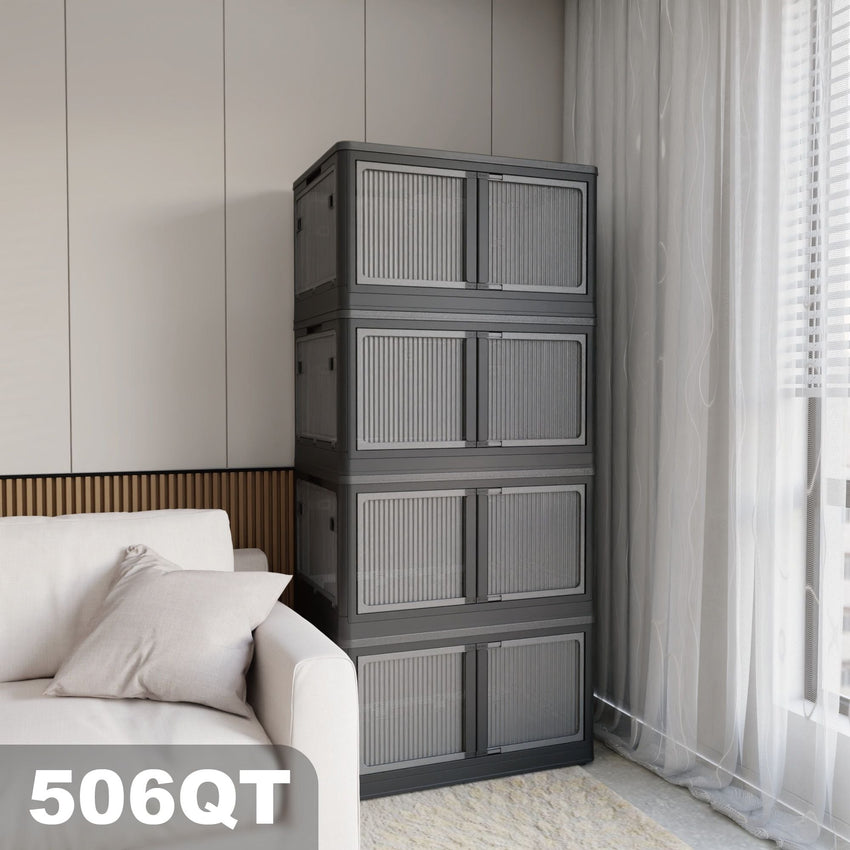 506QT 4 - Pack Transparent Stackable Storage Bins with 5 Doors to Open with Wheels, Folding Plastic Craft Containers Large Closet Organizers Box for Bedrooms Living Rooms Study Kids' Toys, Black - 7DAY'S