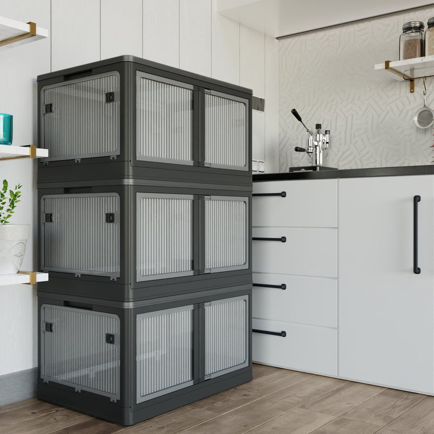 506QT 4 - Pack Transparent Stackable Storage Bins with 5 Doors to Open with Wheels, Folding Plastic Craft Containers Large Closet Organizers Box for Bedrooms Living Rooms Study Kids' Toys, Black - 7DAY'S