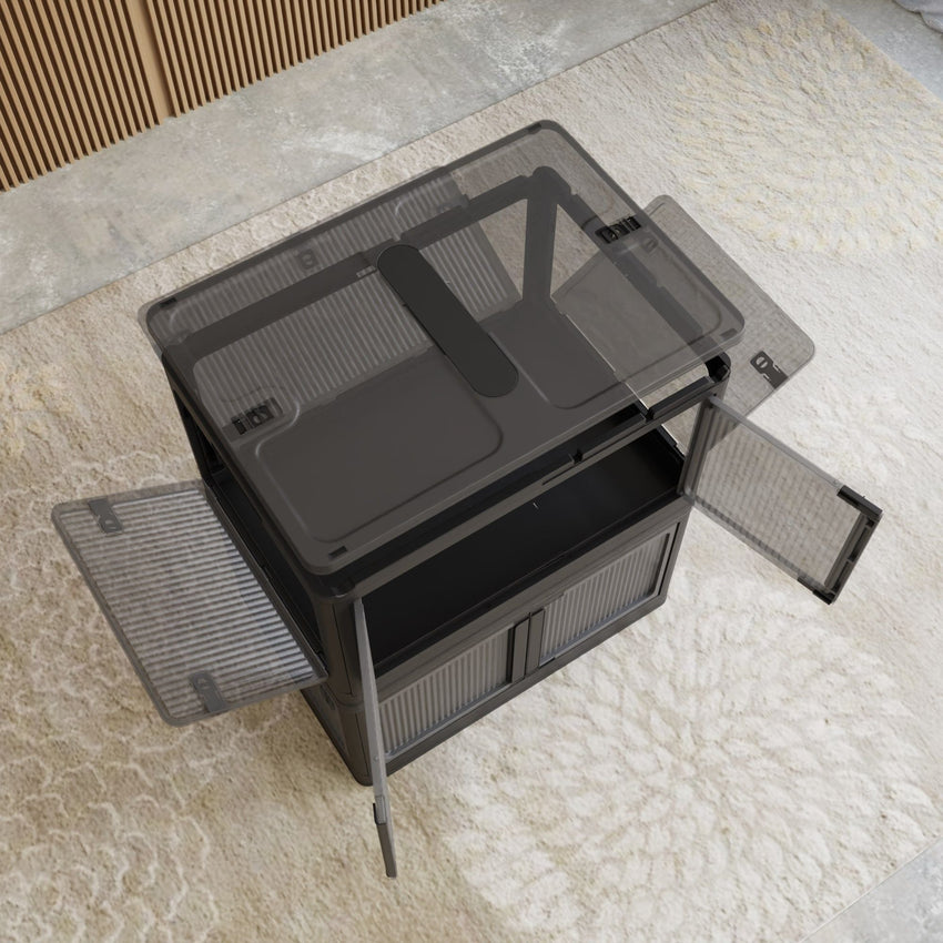 506QT 4 - Pack Transparent Stackable Storage Bins with 5 Doors to Open with Wheels, Folding Plastic Craft Containers Large Closet Organizers Box for Bedrooms Living Rooms Study Kids' Toys, Black - 7DAY'S