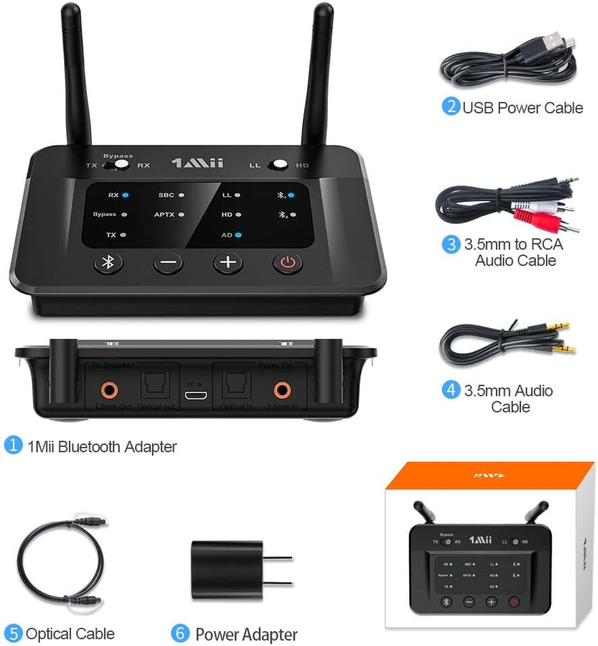 1Mii B03 Bluetooth 5.3 Transmitter Receiver for TV Home Stereo BT Headphones, aptX Low Latency/Adaptive/HD Bluetooth Audio Adapter, Splitter for Wired & Wireless, Optical RCA AUX 3.5mm Inputs/Outputs