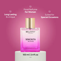 BellaVita Luxury SENORITA Perfume for Women (3.4 fl.oz) | Floral & Fruity Fragrance with Pomegranate, Mint & Musk | Notes of Yuzu and Lotus | Vegan & Cruelty-Free Womens Perfume