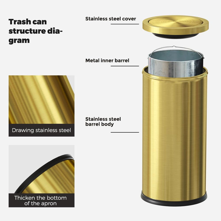 30L/8GAL Gold Brass Kitchen Trash Can,Tall Commercial Garbage can,Large Capacity FILP lid Trash can for Kitchen,Shopping mall,Elevator gate,Airport, Hotel,Commercial (Gold)
