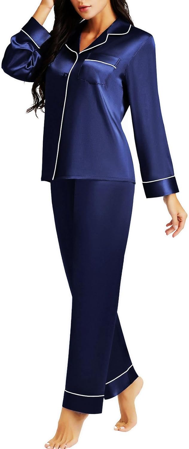 Lonxu Silk Satin Womens Pajama Sets Button Down Sleepwear Loungewear XS~3XL