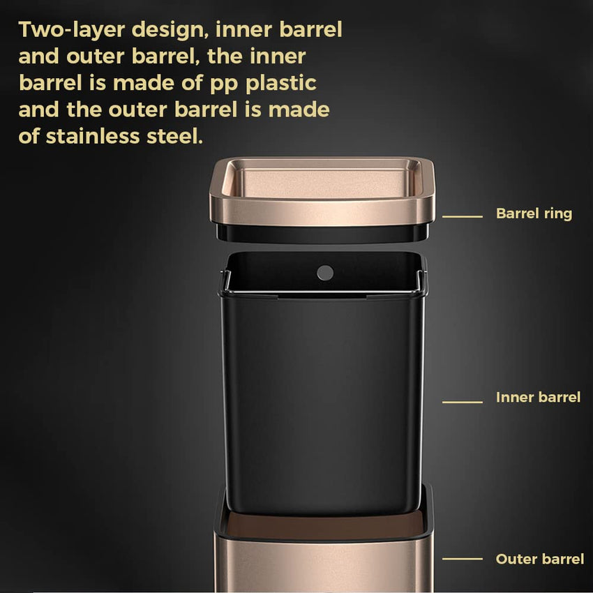 25L/6 Gallon Stainless Steel Square Trash Can, Large Kitchen Garbage Can, Office Commercial Trash Bin Champagne Gold Garbage Can, Large Open Top Waste Basket (25Lgold)