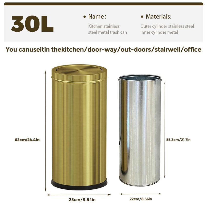 30L/8GAL Gold Brass Kitchen Trash Can,Tall Commercial Garbage can,Large Capacity FILP lid Trash can for Kitchen,Shopping mall,Elevator gate,Airport, Hotel,Commercial (Gold)