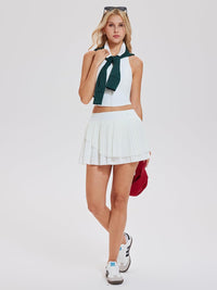 Airfree Tennis Skirt Sets for Women Outfits Lapel Collar Sleeveless Vests Patchwork Pleated Skirt Sets