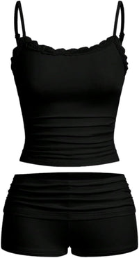 Hilinker Womens Sexy Pajama Set Ruched Lace Trim Cami and Shorts Summer Cute Pjs 2 Piece