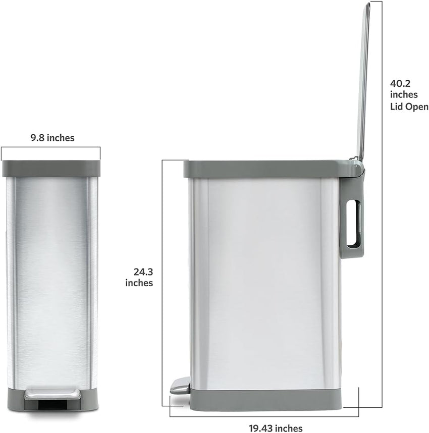 Glad Slim Trash Can with Clorox Odor Protection - Narrow Kitchen Garbage Bin with Soft Close Lid, Step On Foot Pedal and Waste Bag Roll Holder, All Stainless, 45 Liter