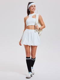 Airfree 2 Piece Sets for Women Tennis Skirt Set Mock Neck Sports Bra Irregular Crop Tank Bubble Skirt Outfits Set