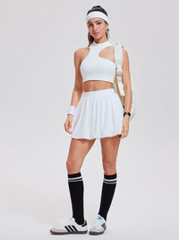 Airfree 2 Piece Sets for Women Tennis Skirt Set Mock Neck Sports Bra Irregular Crop Tank Bubble Skirt Outfits Set