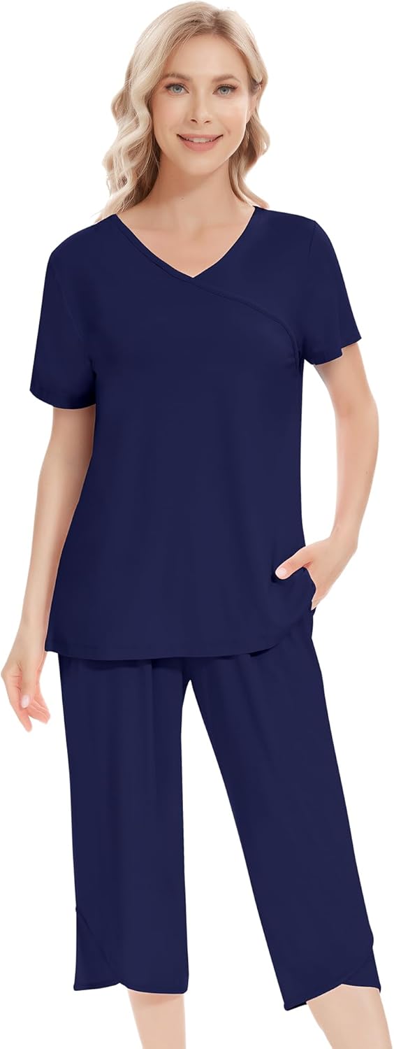 NACHILA Women’s Pajamas-Viscose Made from Bamboo, Short Sleeve Pjs Top with Capri Pajama Sets for Women Cool V Neck Sleepwear