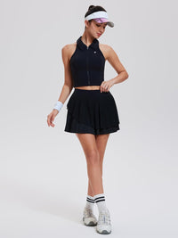 Airfree Tennis Skirt Sets for Women Outfits Lapel Collar Sleeveless Vests Patchwork Pleated Skirt Sets